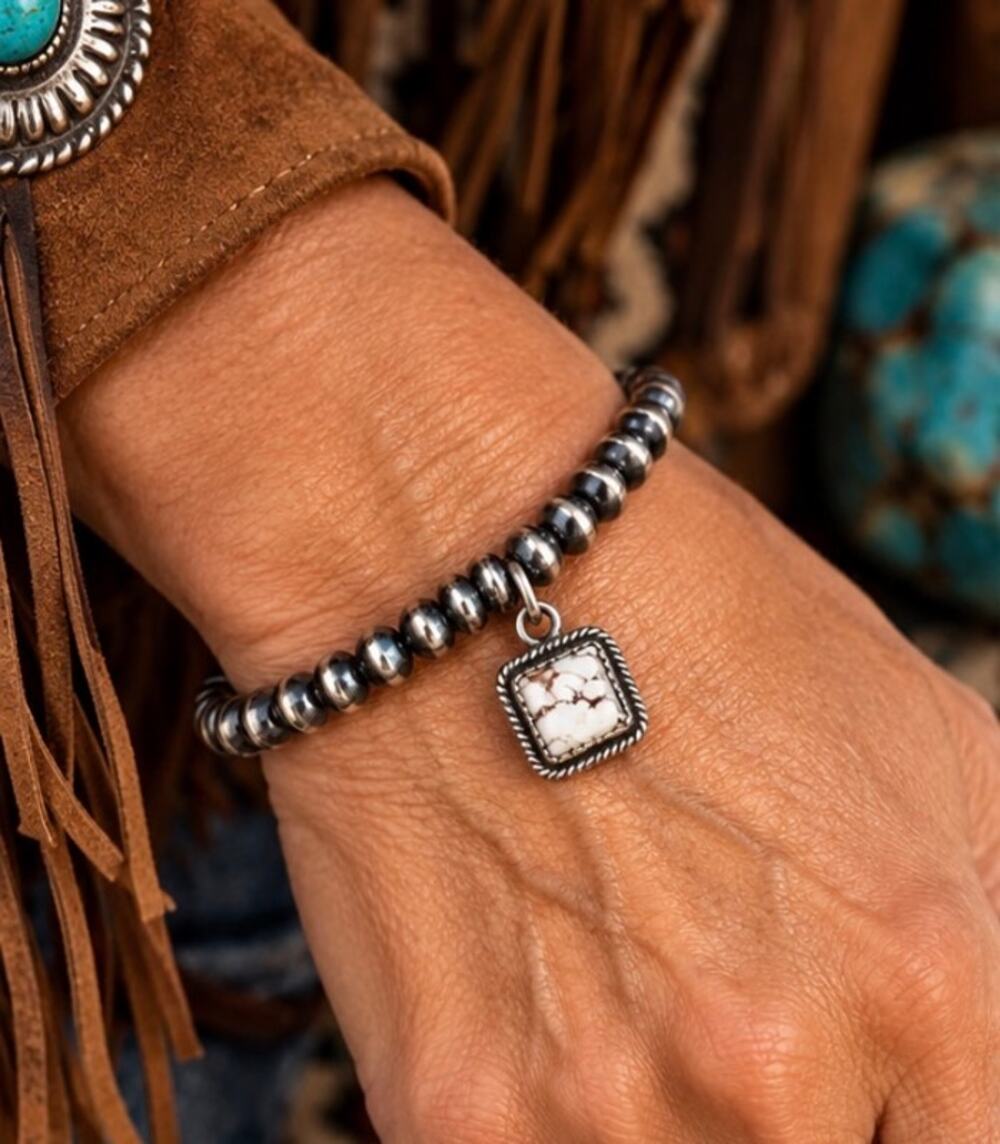 5mm Sterling Silver Pearl Bead Bracelet| White Horse Turquoise Charm
